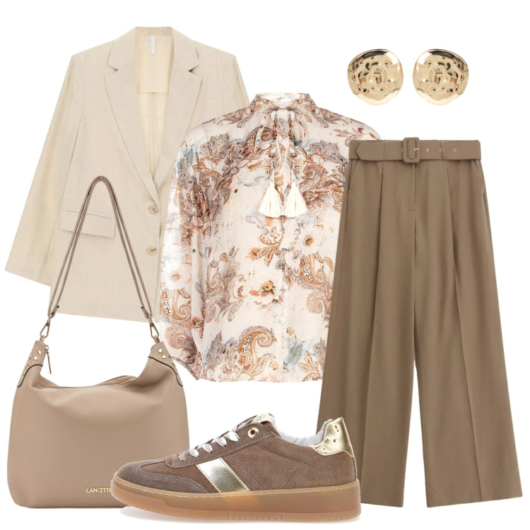 Outfit donna - Woman empowerment. Stile Casual chic per Ufficio. Abbinamento con blazer, pantaloni a palazzo, orecchini, bluse, sneakers, zaini.