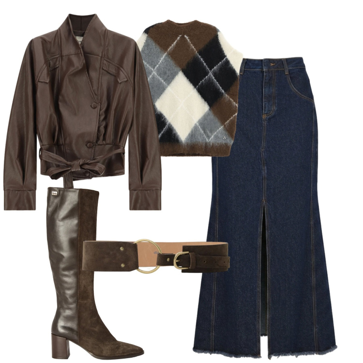 Outfit donna - Autunno. Stile Casual chic per Tutti i giorni. Abbinamento con stivali, giacche, cinture, maglieria, gonne lunghe.