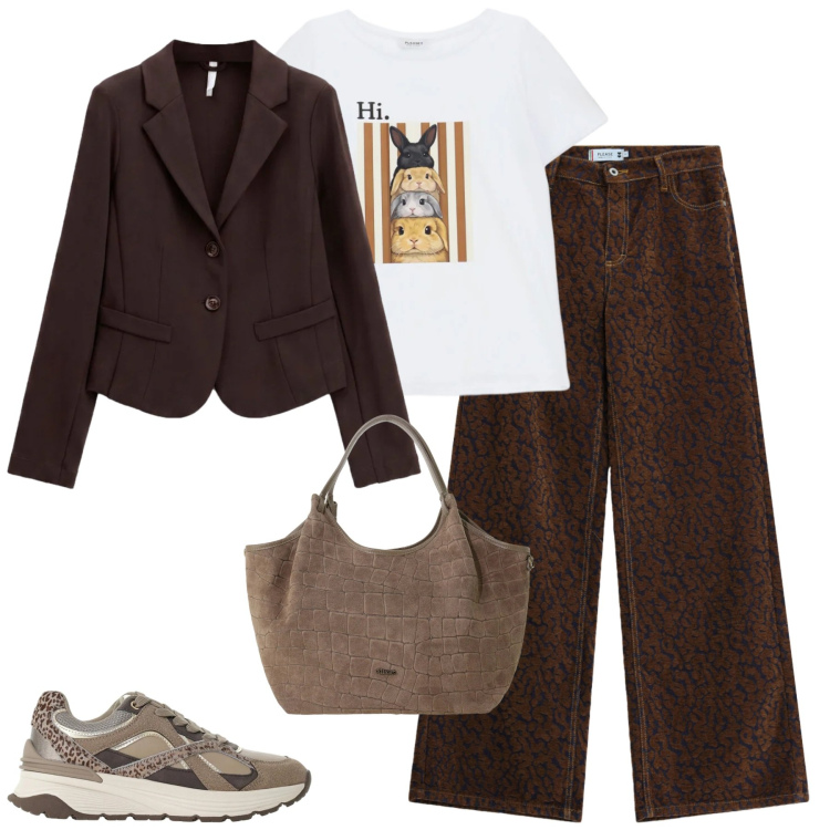 Outfit donna - City. Stile Casual chic per Tutti i giorni. Abbinamento con sneakers, blazer, pantaloni a palazzo, t-shirt, borse a spalla.