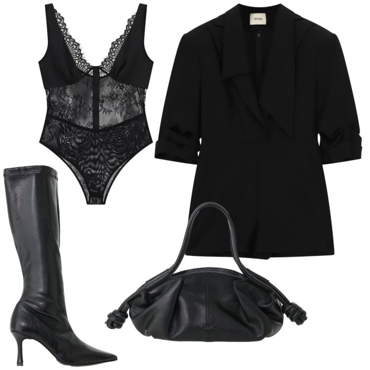 Outfit donna - Total look #2477077. Stile Rock per Serata fuori. Abbinamento con stivali, body, borse a mano, tuta corta.
