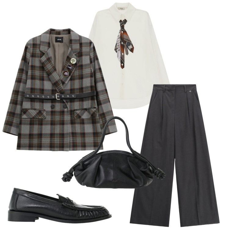 Outfit donna - Dixie FW 26. Stile Sporty chic per Tutti i giorni. Abbinamento con mocassini, pantaloni a palazzo, camicie, borse a mano, blazer.
