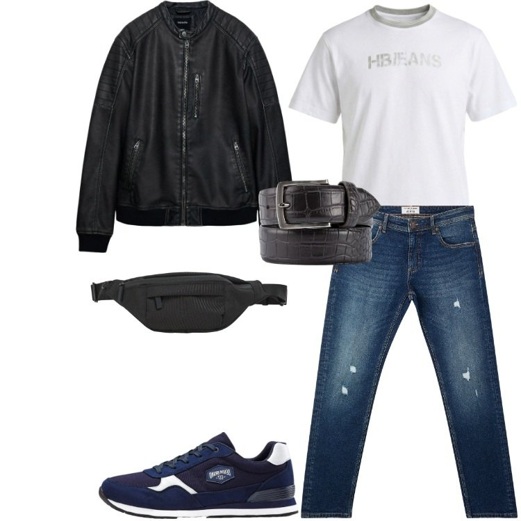 Outfit uomo - Bellissimo Giubbino in similpelle. Stile Casual per Tutti i giorni. Abbinamento con sneakers, t-shirt, cinture, jeans strappati, giacche, borse sportive.