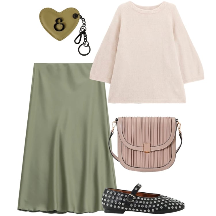 Outfit donna - Maglieria leggera e gonna midi. Stile Romantica per Tutti i giorni. Abbinamento con maglieria, gonne longuette, ballerine, borse a tracolla, portachiavi.