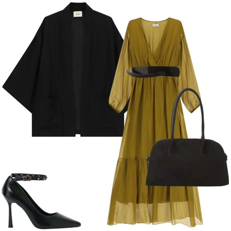 Outfit donna - Dixie. Stile Casual chic per Serata fuori. Abbinamento con décolleté, borse a spalla, blazer, vestiti lunghi, cinture.