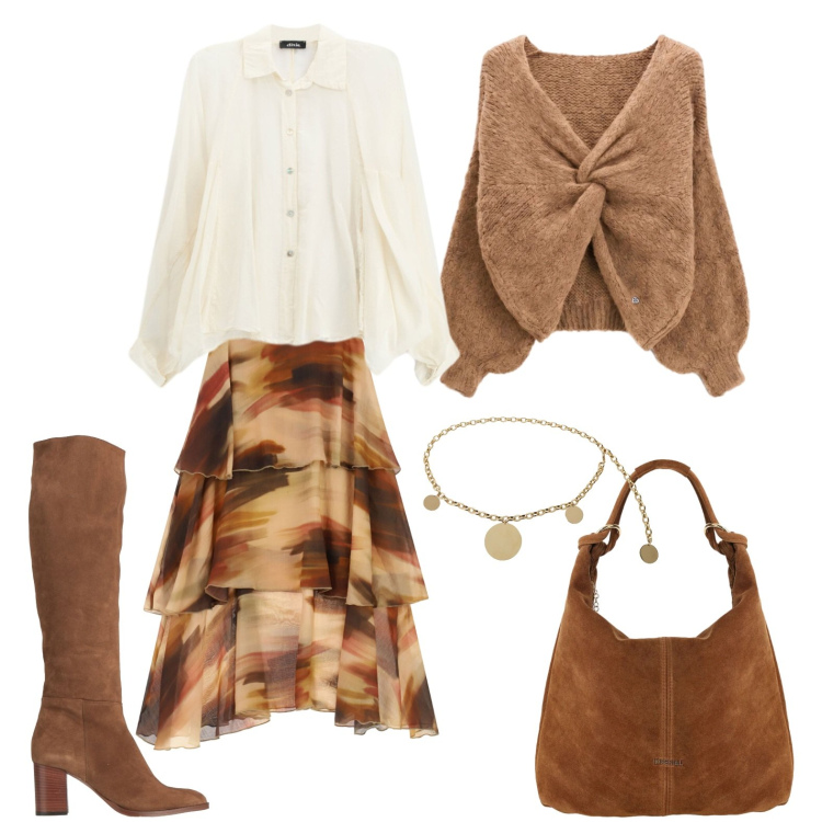 Outfit donna - La gonna boho con accessori in camoscio. Stile Boho per Tutti i giorni. Abbinamento con stivali, borse a spalla, camicie, cinture, gonne longuette, maglieria.