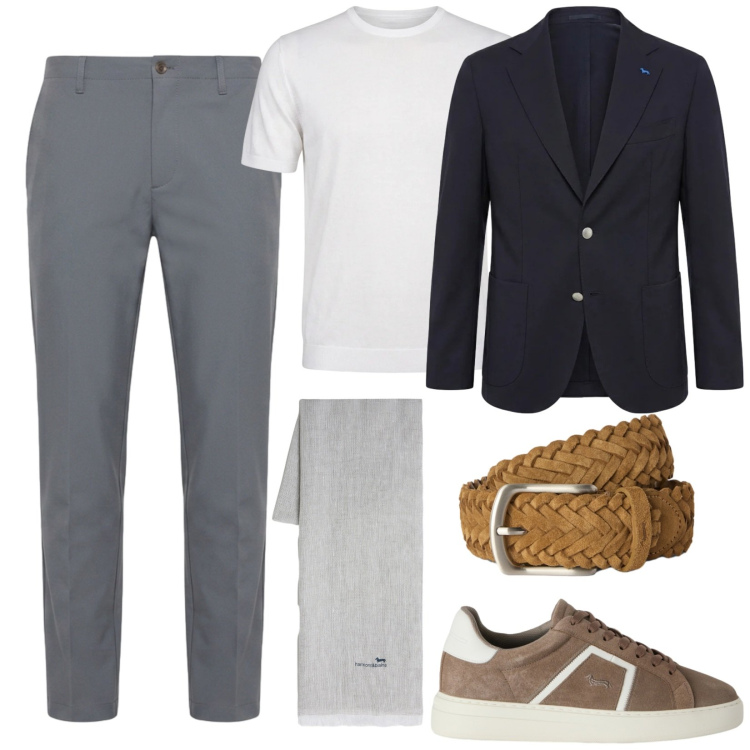Outfit uomo - Sneaker e completo spezzato. Stile Trendy per Tutti i giorni. Abbinamento con sciarpe, t-shirt, cinture, sneakers, giacche, pantaloni.