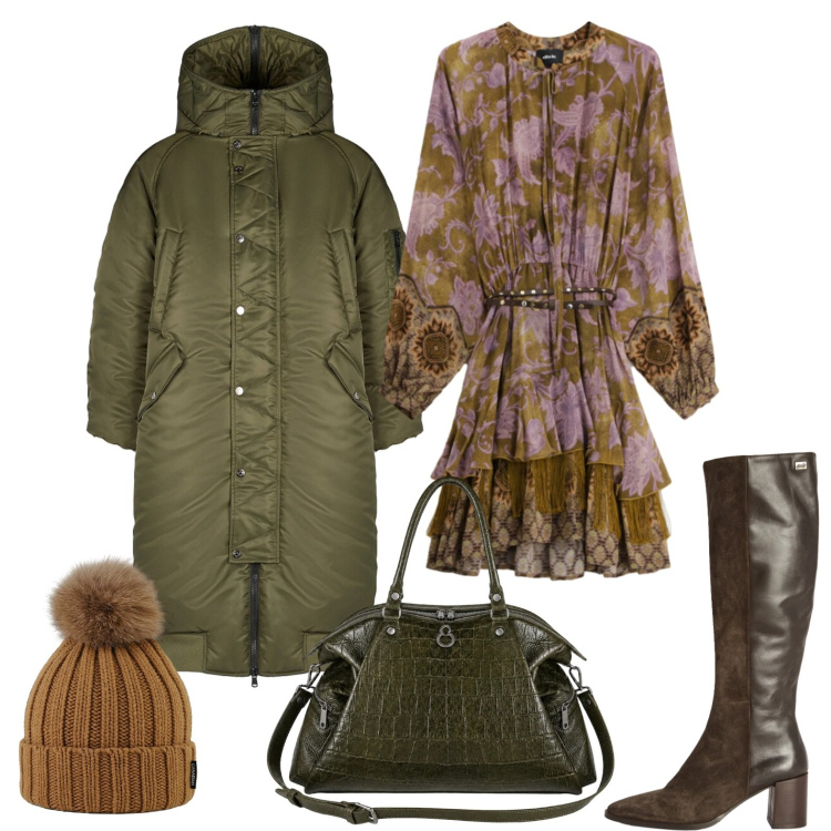 Outfit donna - Mini abito e maxi piumino. Stile Casual chic per Tutti i giorni. Abbinamento con stivali, vestiti corti, berretti, parka, shopping bag.