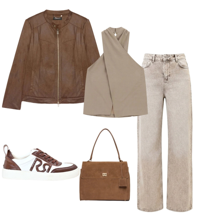 Outfit donna - Passeggiando. Stile Casual chic per Tutti i giorni. Abbinamento con top, sneakers, jeans dritti, borse a mano, blazer.