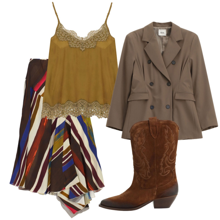 Outfit donna - Total look #2477095. Stile Urban per Tutti i giorni. Abbinamento con blazer, gonne longuette, top, stivaletti texani.