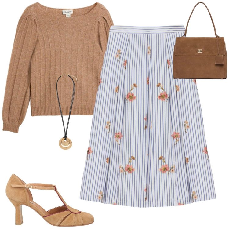 Outfit donna - Romantic vintage vibes. Stile Romantica per Tutti i giorni. Abbinamento con décolleté, maglieria, gonne longuette, ciondoli, borse a mano.
