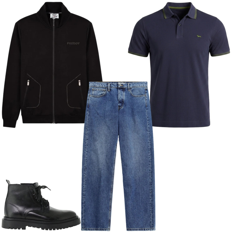 Outfit uomo - Total look #2477099. Stile Casual per Tutti i giorni. Abbinamento con polo, anfibi, jeans, felpe.