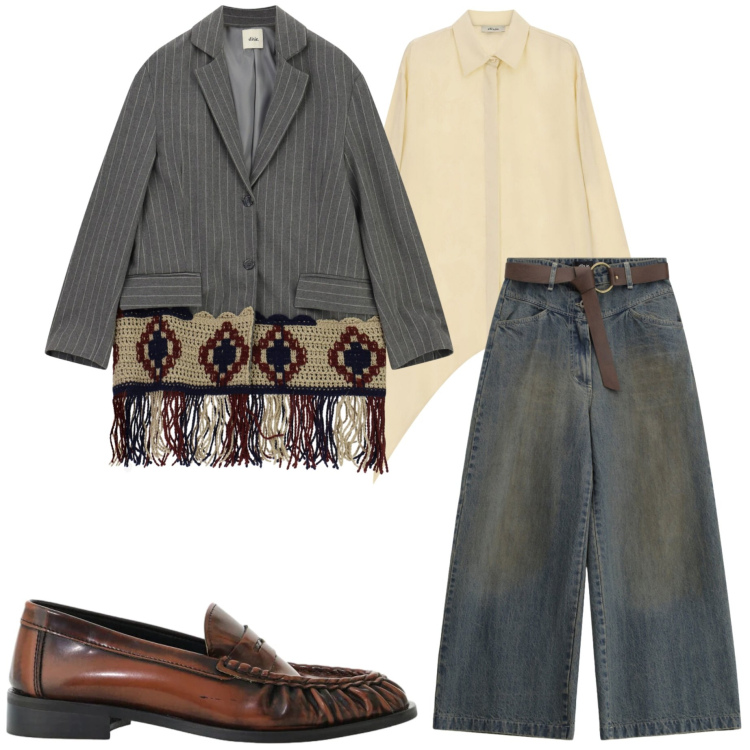 Outfit donna - Dixie FW 26. Stile Casual chic per Ufficio. Abbinamento con mocassini, jeans boyfriend, camicie, blazer.