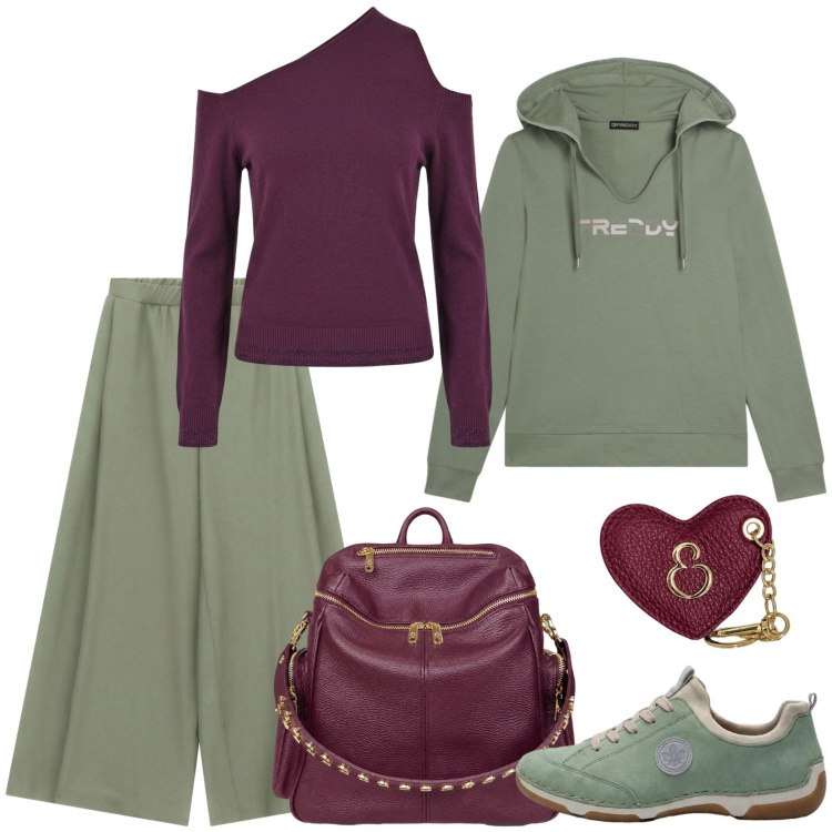 Outfit donna - Il mio outfit della domenica. Stile Casual per Tutti i giorni. Abbinamento con sneakers, pantaloni a palazzo, maglieria, felpe con cappuccio, zaini, portachiavi.