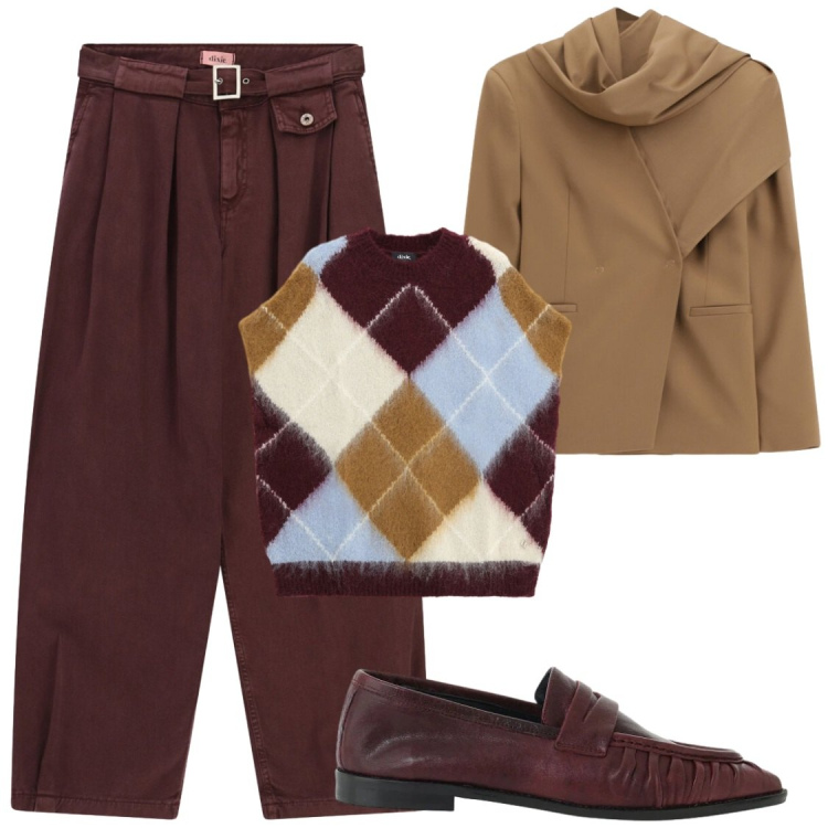Outfit donna - Dixie love. Stile Chic per Ufficio. Abbinamento con blazer, mocassini, maglieria, pantaloni a palazzo.