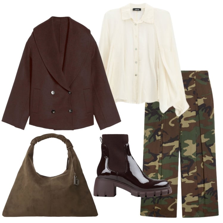 Outfit donna - Stile combat. Stile Casual per Ufficio. Abbinamento con stivaletti, caban, borse a spalla, camicie, pantaloni a palazzo.