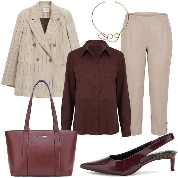 Outfit donna - Giacca doppiopetto. Stile Glamour per Ufficio. Abbinamento con collane, blazer, camicie, pantaloni, shopping bag, décolleté.