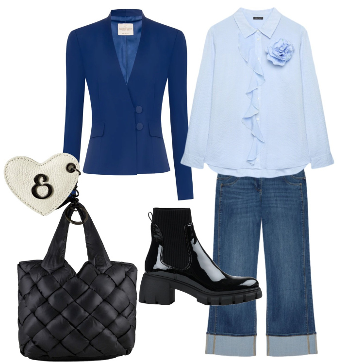 Outfit donna - Il mio outfit per una riunione di lavoro. Stile Casual per Ufficio. Abbinamento con stivaletti, blazer, camicie, jeans dritti, borse tote, portachiavi.