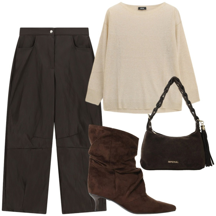 Outfit donna - Look intamontabile. Stile Chic per Ufficio. Abbinamento con stivali, borse a spalla, pantaloni a palazzo, maglieria.