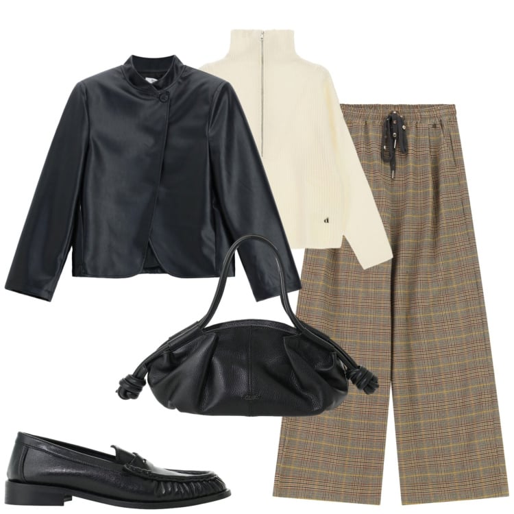 Outfit donna - City. Stile Casual chic per Tutti i giorni. Abbinamento con mocassini, blazer, pantaloni a palazzo, borse a mano, maglieria.