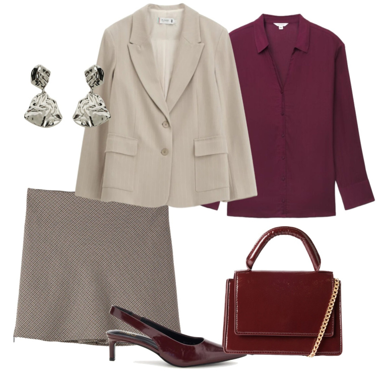 Outfit donna - Total look #2477123. Stile Chic per Ufficio. Abbinamento con borse a tracolla, gonne, camicie, blazer, orecchini, décolleté.
