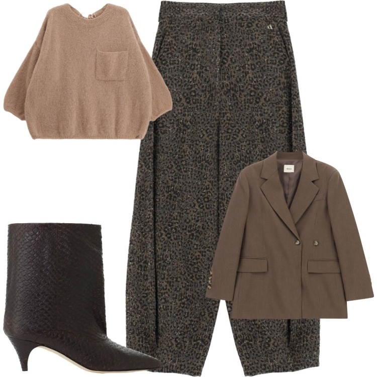 Outfit donna - Con Dixie sempre alla moda. Stile Chic per Ufficio. Abbinamento con pantaloni a palazzo, pullovers, stivali, blazer.