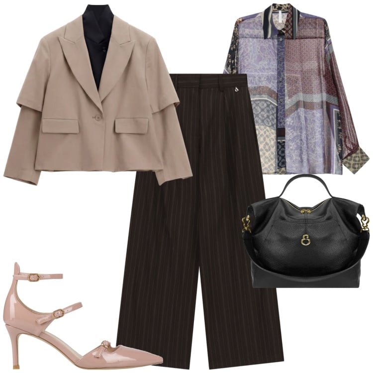 Outfit donna - City. Stile Urban per Tutti i giorni. Abbinamento con décolleté, blazer, camicie, pantaloni a palazzo, borse a spalla.
