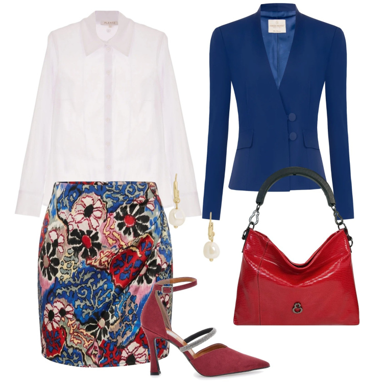 Outfit donna - Total look #2477127. Stile Chic per Ufficio. Abbinamento con minigonne, blazer, camicie, borse a mano, orecchini, décolleté.