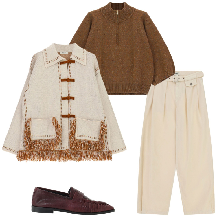 Outfit donna - Dixie FW 26. Stile Casual chic per Tutti i giorni. Abbinamento con mocassini, cardigans, maglieria, pantaloni a palazzo.
