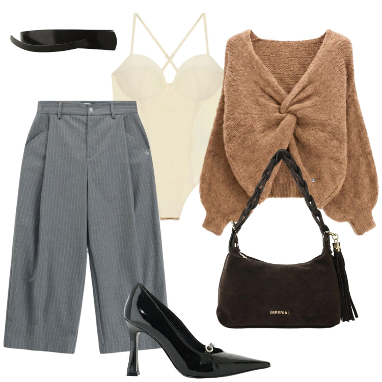 Outfit donna - Total look #2477130. Stile Chic per Ufficio. Abbinamento con décolleté, borse a spalla, body, maglieria, pantaloni a palazzo, cinture.