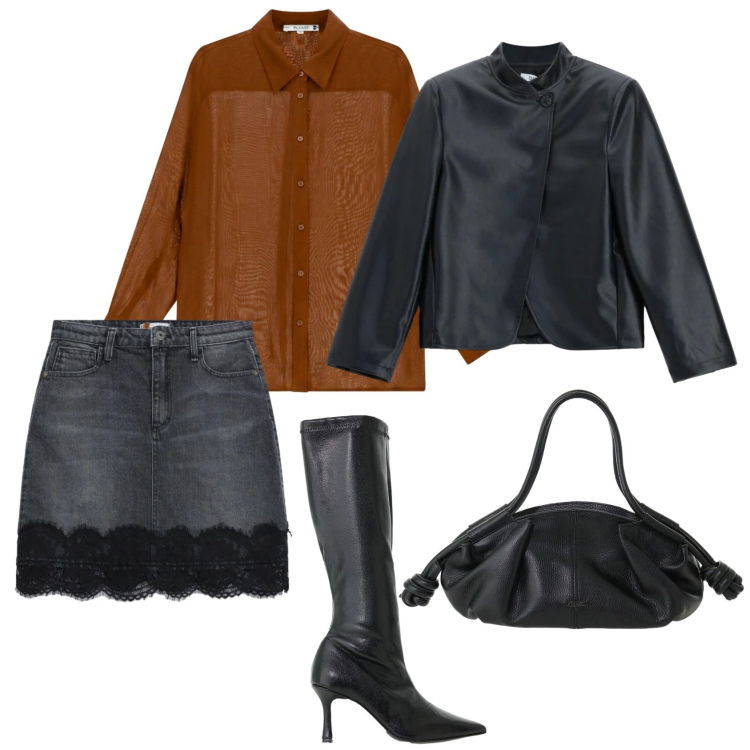 Outfit donna - Total look #2477131. Stile Casual chic per Ufficio. Abbinamento con stivali, blazer, camicie, minigonne, borse a mano.