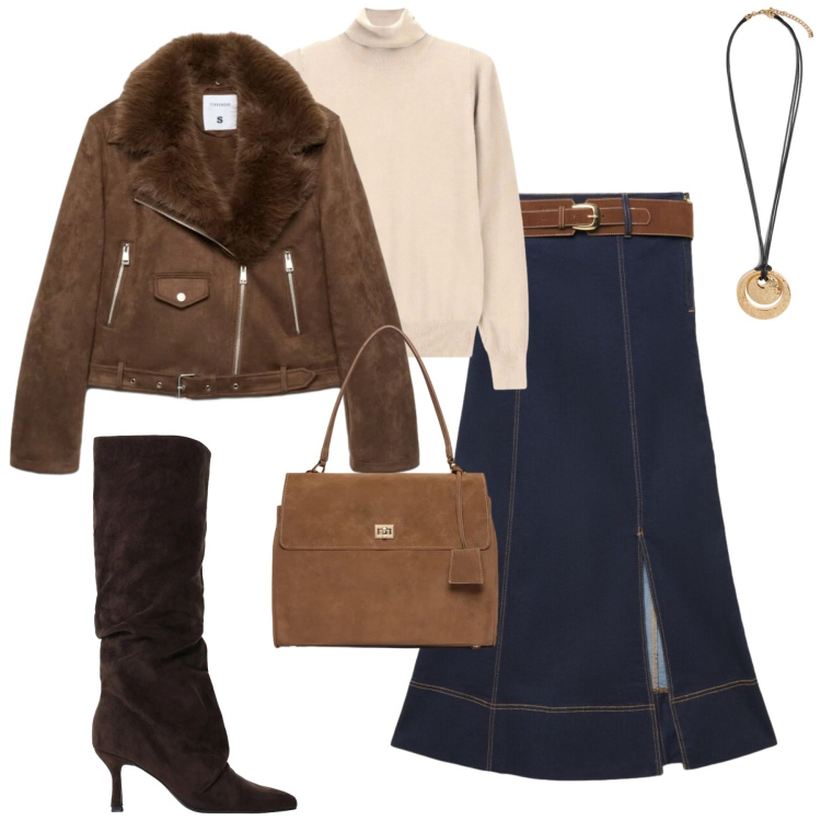 Outfit donna - Fall. Stile Casual chic per Tutti i giorni. Abbinamento con giacche, gonne lunghe, stivali, pullovers, ciondoli, borse a mano.