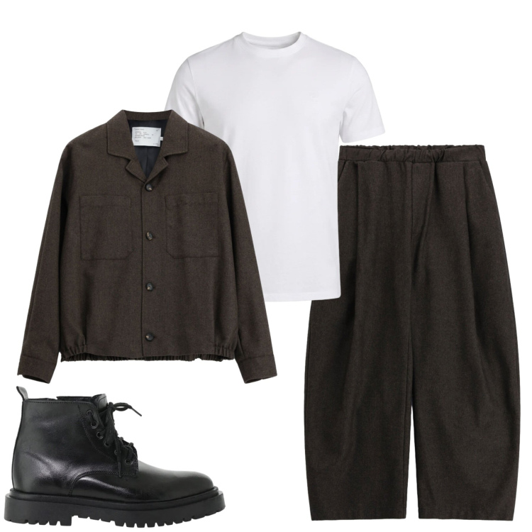 Outfit uomo - City. Stile Trendy per Tutti i giorni. Abbinamento con t-shirt, pantaloni, cappotti, anfibi.