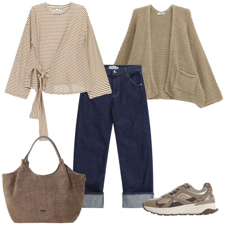 Outfit donna - Total look #2477136. Stile Casual chic per Scuola/Università. Abbinamento con sneakers, cardigans, jeans dritti, t-shirt, borse a spalla.