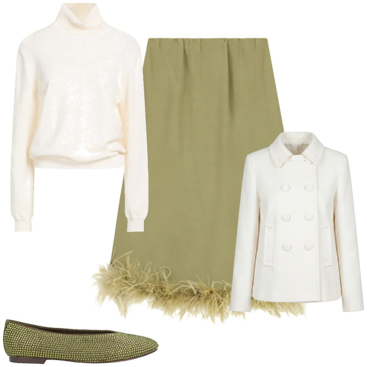 Outfit donna - Romantica in panna e verde. Stile Romantica per Serata fuori. Abbinamento con maglieria, ballerine, gonne longuette, blazer.