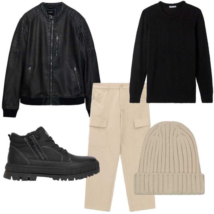 Outfit uomo - Panna e nero. Stile Casual per Serata speciale. Abbinamento con pantaloni cargo, berretti, maglieria, giacche, stivali e stivaletti.