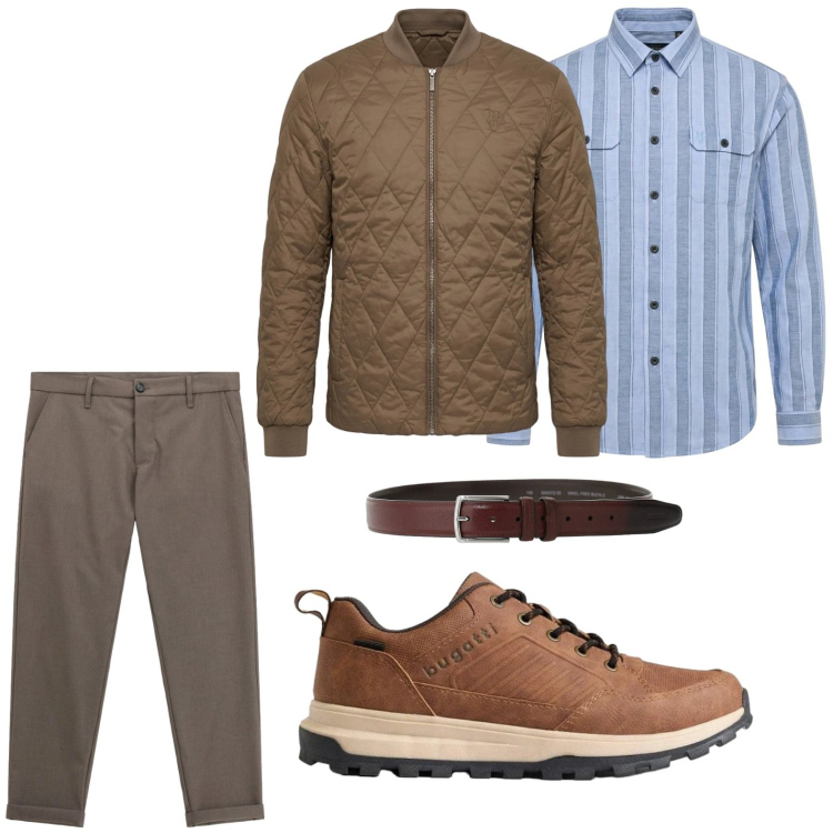 Outfit uomo - Work day. Stile Casual per Ufficio. Abbinamento con camicie, piumini, pantaloni, cinture, sneakers.