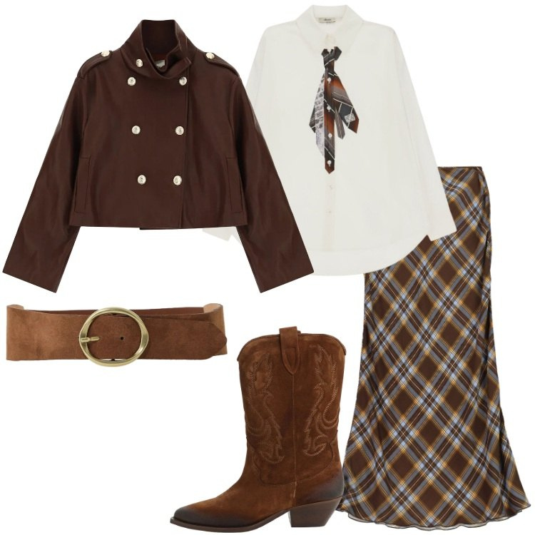 Outfit donna - Dixie - FW26. Stile Trendy per Serata fuori. Abbinamento con camicie, stivaletti texani, gonne lunghe, cinture, blazer.