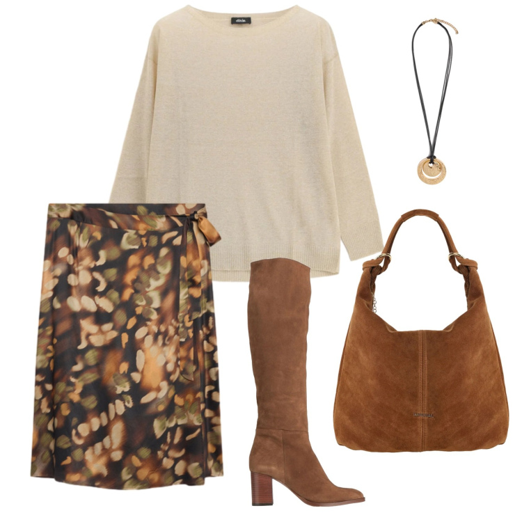 Outfit donna - Total look #2477149. Stile Casual chic per Ufficio. Abbinamento con stivali, borse a spalla, maglieria, ciondoli, gonne longuette.