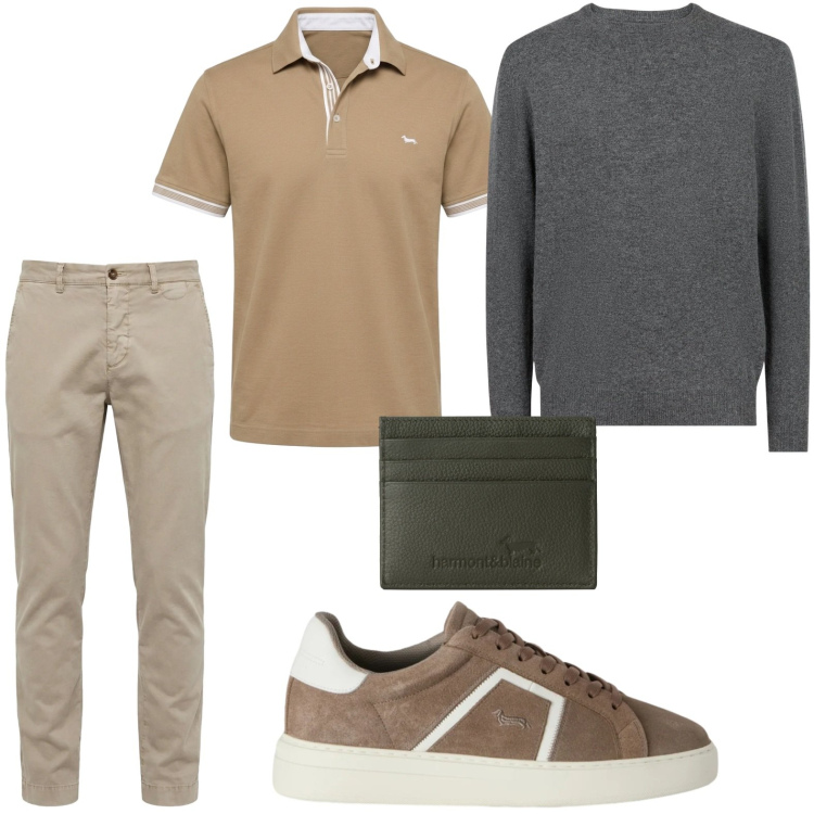 Outfit uomo - Passeggiata con gli amici. Stile Casual per Tutti i giorni. Abbinamento con sneakers, portafogli, polo, pantaloni chino, maglieria.