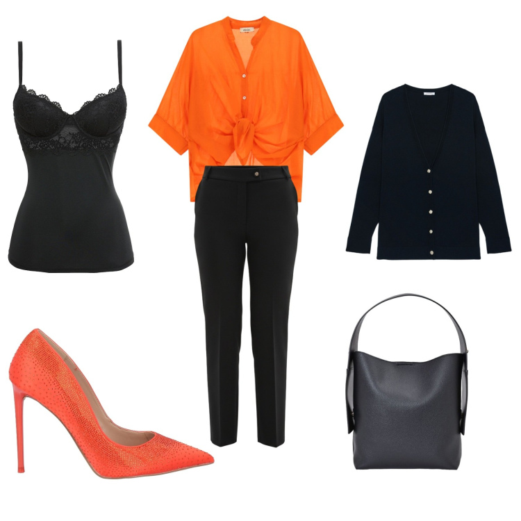 Outfit donna - Black & orange. Stile Minimal per Ufficio. Abbinamento con décolleté, canottiere, camicie a manica corta, pantaloni, borse a spalla, cardigans.