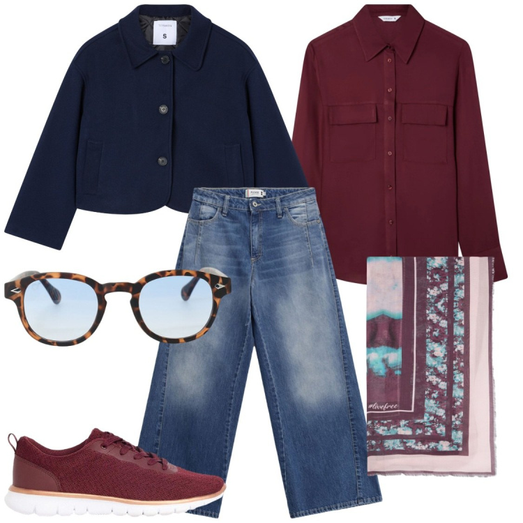 Outfit donna - In città di corsa a lavoro. Stile Casual chic per Ufficio. Abbinamento con sneakers, camicie, blazer, jeans, occhiali da sole, foulard.
