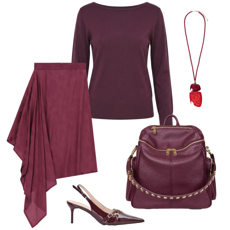 Outfit donna - Total look #2477153. Stile Casual chic per Serata fuori. Abbinamento con gonne longuette, décolleté, maglieria, ciondoli, zaini.