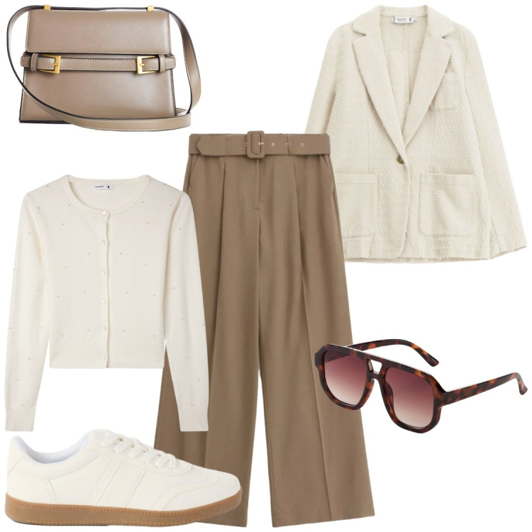 Outfit donna - Raffinatezza in sneakers. Stile Casual chic per Ufficio. Abbinamento con occhiali da sole, borse a tracolla, sneakers, cardigans, blazer, pantaloni a palazzo.