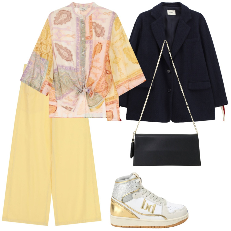 Outfit donna - Dixie. per Ufficio. Abbinamento con borse a tracolla, sneakers alte, camicie, pantaloni a palazzo, blazer.