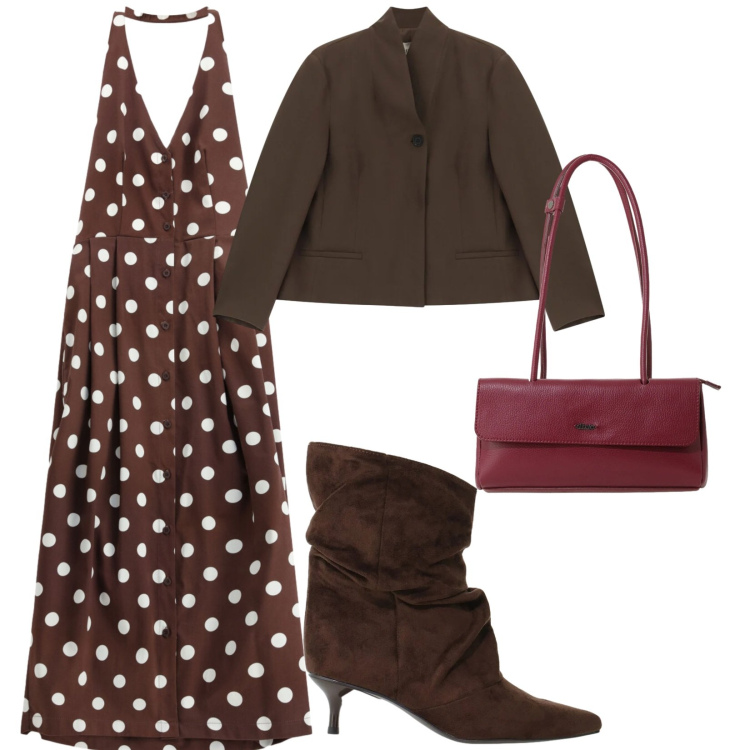 Outfit donna - Autunno. per Serata fuori. Abbinamento con stivali, borse a spalla, blazer, vestiti midi/longuette.