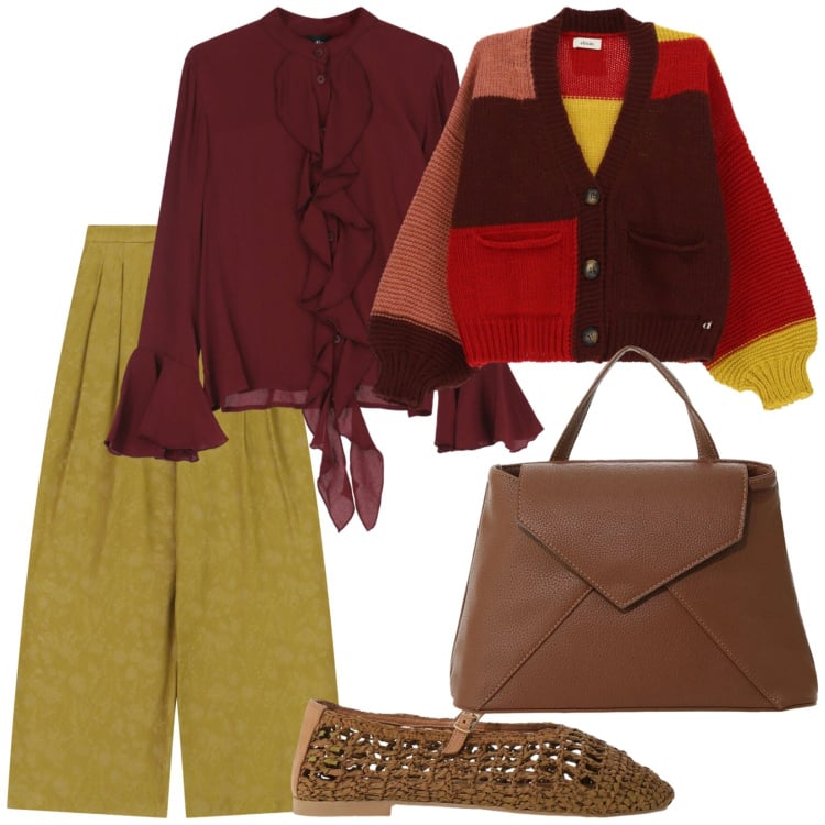 Outfit donna - Autunno. per Tutti i giorni. Abbinamento con borse a mano, camicie, pantaloni a palazzo, cardigans, ballerine.