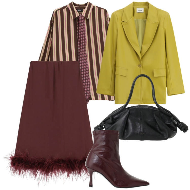 Outfit donna - Fa freddo. per Ufficio. Abbinamento con stivaletti, camicie, blazer, borse a mano, gonne longuette.