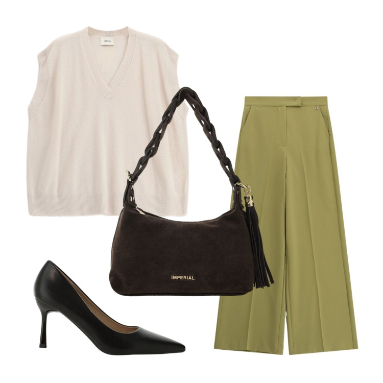 Outfit donna - Dixie morbido. Stile Basic per Tutti i giorni. Abbinamento con décolleté, borse a spalla, pantaloni a palazzo, maglieria.