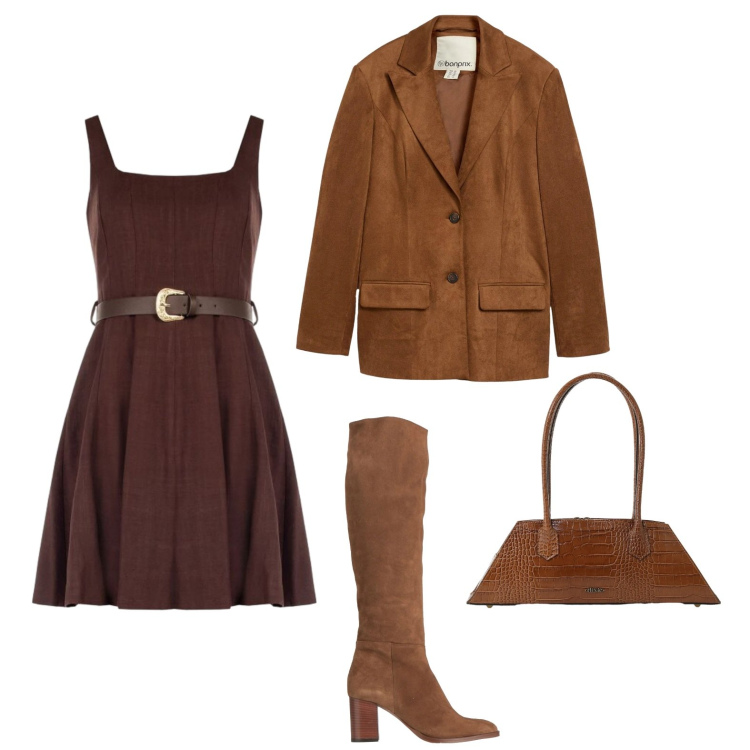 Outfit donna - Cena con amiche. Stile Casual chic per Serata fuori. Abbinamento con stivali, blazer, borse a spalla, vestiti corti.