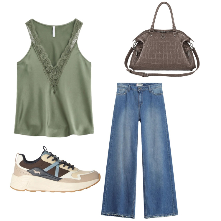 Outfit donna - Shopping in centro. Stile Casual per Tutti i giorni. Abbinamento con sneakers, canottiere, jeans dritti, shopping bag.